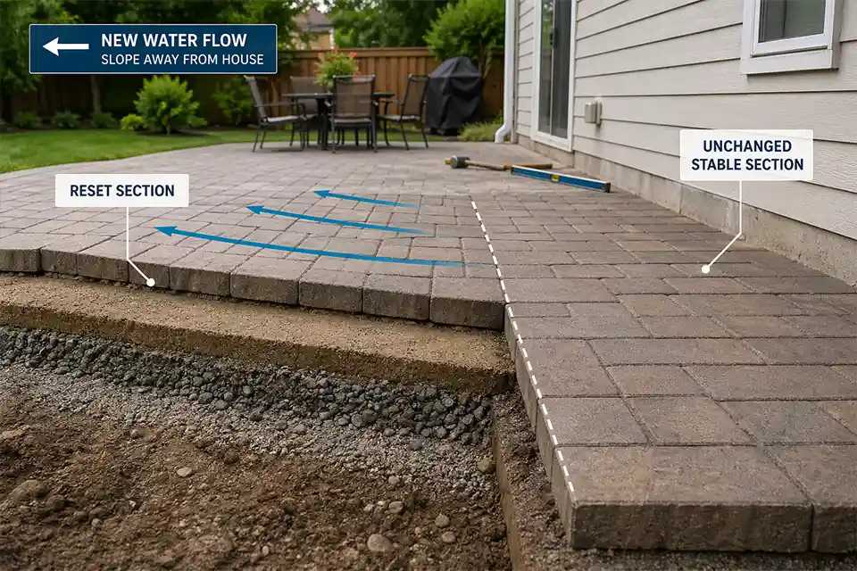 Patio repair beside a house showing a lifted paver section reset to restore slope away from the wall