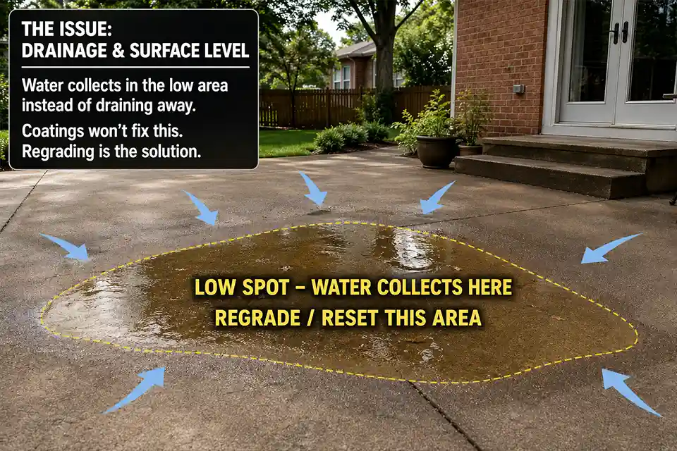 Patio low spot with overlay showing where drainage correction is needed instead of another sealer coat