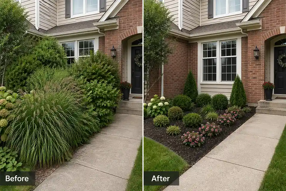 Before and after front foundation bed showing oversized plants replaced with compact shrubs that fit the space and reduce maintenance