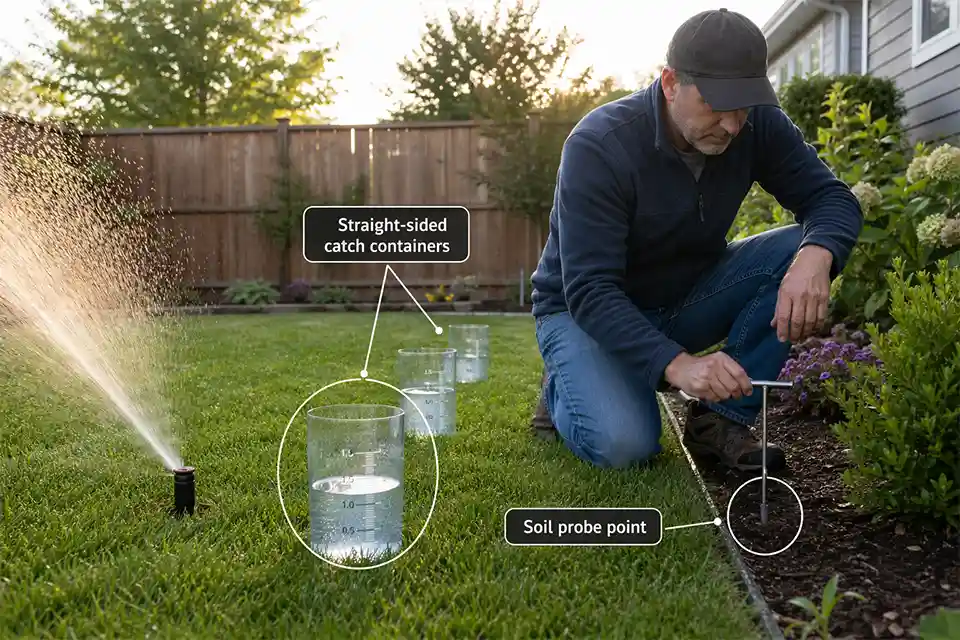 Homeowner testing backyard sprinkler output with catch containers and a soil probe to diagnose a high summer water bill