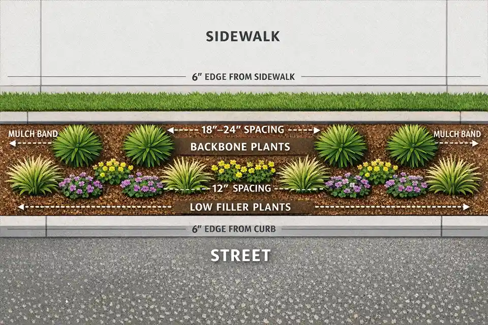 Top-down diagram of a narrow strip between sidewalk and street showing compact plant spacing and clear edge zones