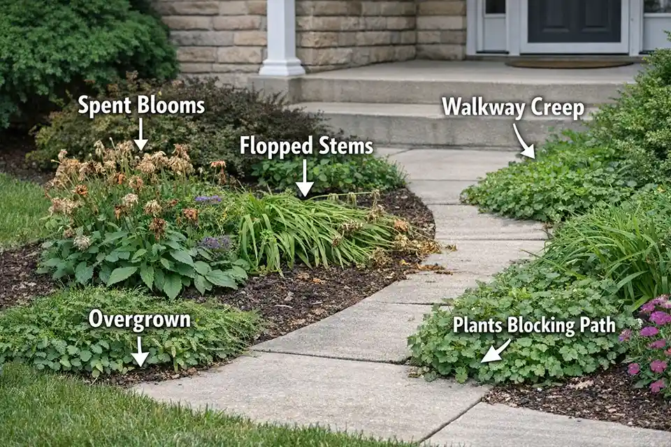 Front yard bed with labels showing spent blooms, floppy stems, and plants creeping into the walkway