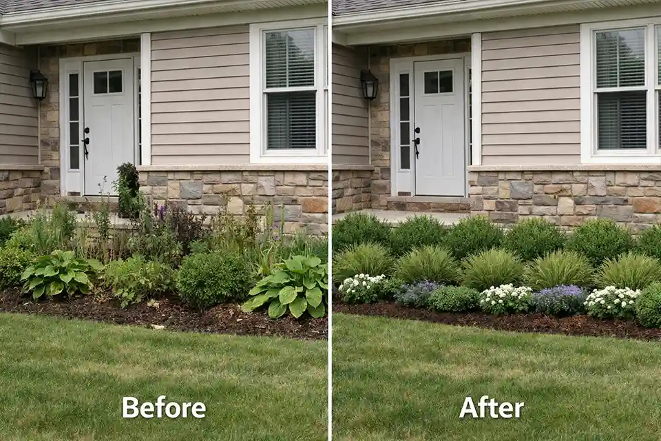 Before and after front yard bed redesigned for frequent deer browsing with stronger shrubs, grasses, and fewer vulnerable accent plants