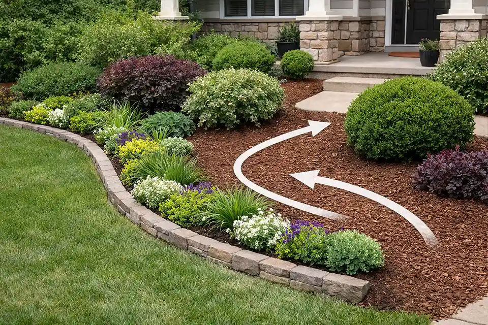 Front yard bed with dense edge planting, a low border, and shrubs set back from the lawn to protect roots from dog digging