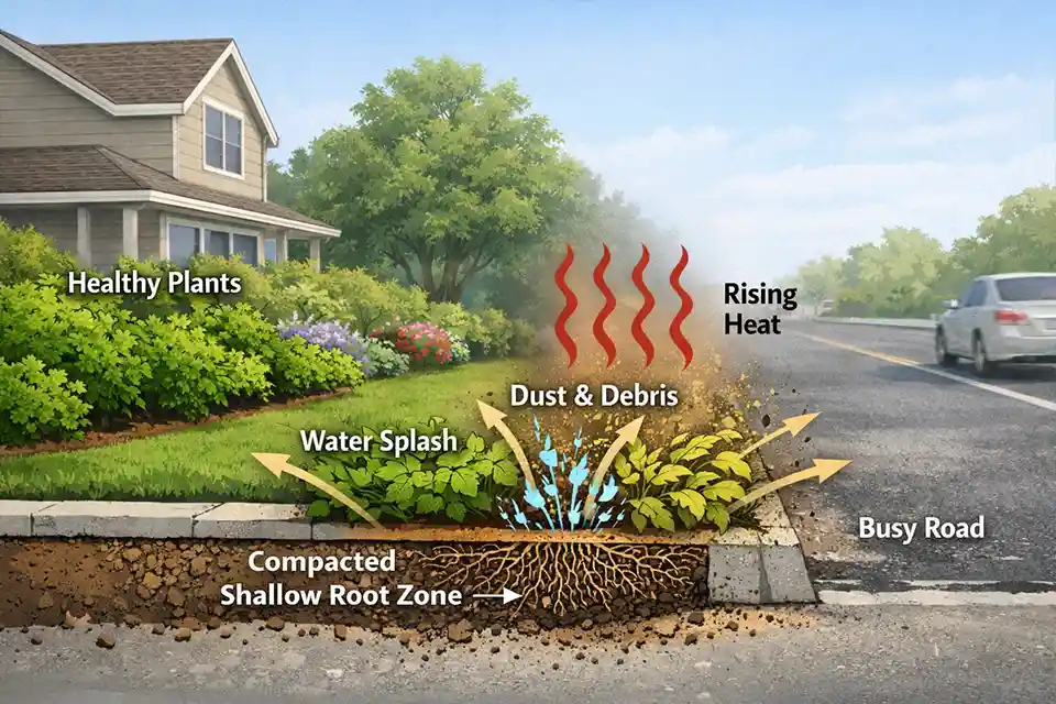 Diagram of roadside plant failure showing dust, splash, pavement heat, and shallow compacted roots damaging low curbside foliage