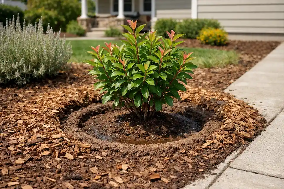 Newly planted front yard shrub with proper mulch depth stem clearance and spacing for hot afternoon sun