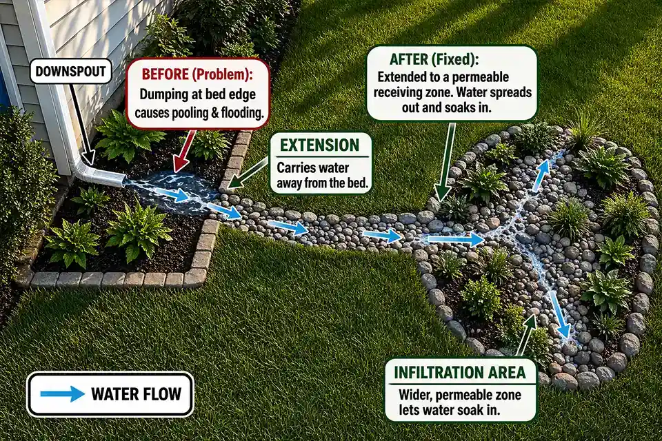 Diagram showing a backyard downspout redirected away from a flooded planting bed to a larger infiltration area