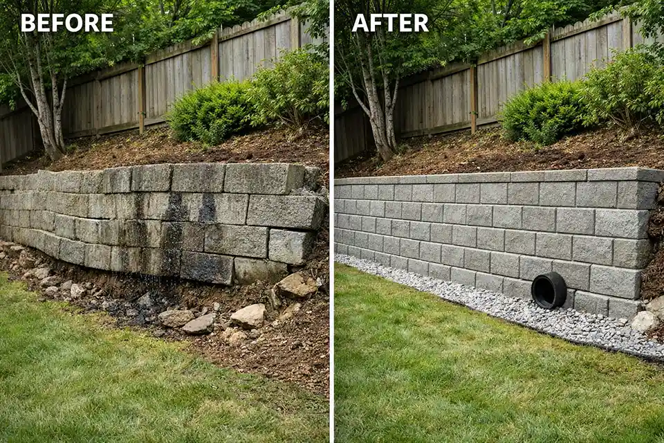 Before and after view of a failing retaining wall with bulging and seepage versus a rebuilt straight wall with corrected drainage