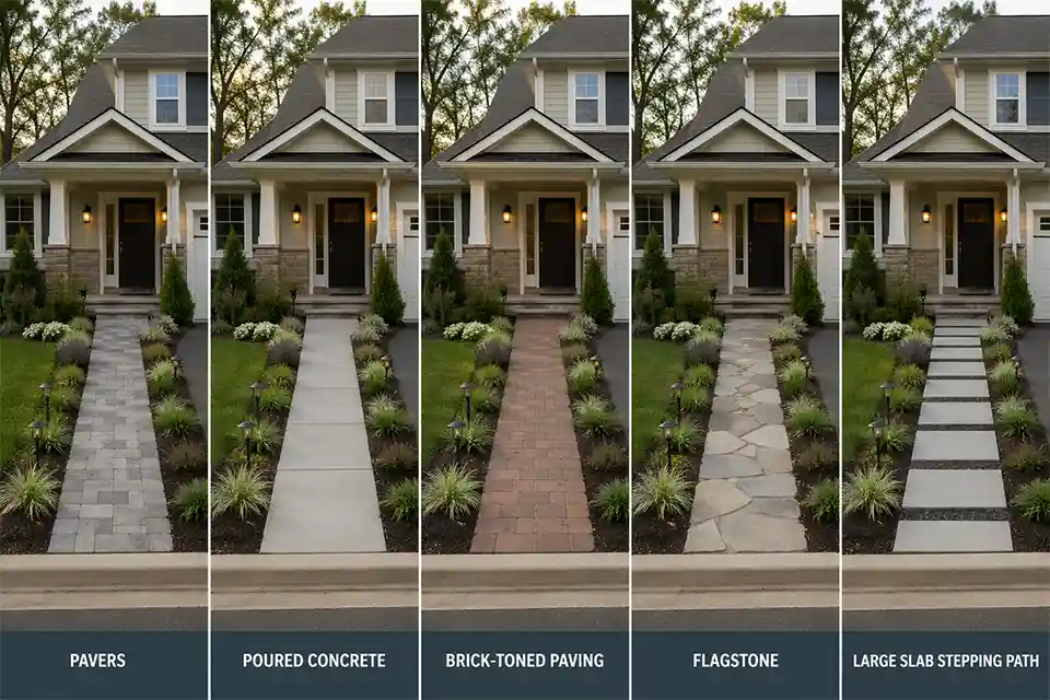 Five front yard walkway material ideas shown on the same path leading to the same front door