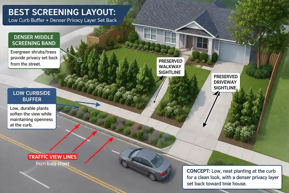 Diagram showing low curbside buffer planting, a denser setback privacy layer, and preserved walkway and driveway sightlines