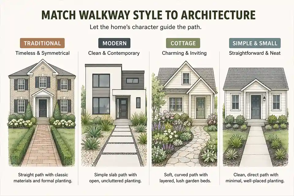 Diagram showing front yard walkway ideas matched to traditional, modern, cottage-style, and small-home entries