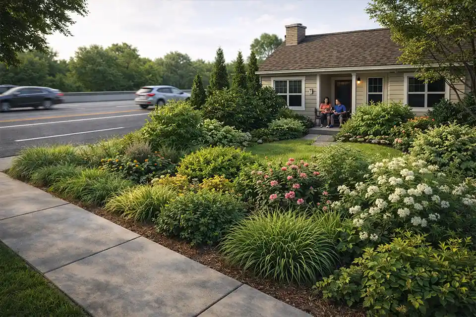 Comparison of a mismatched busy-street front yard planting plan and a corrected plan with buffer, screening, and decorative zones