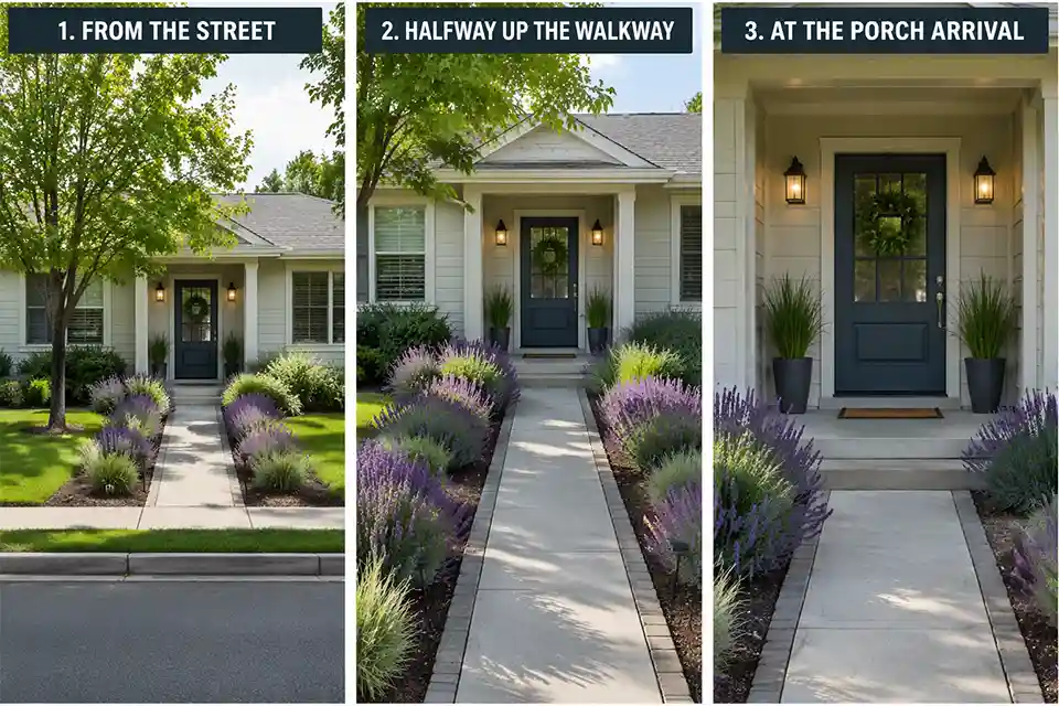Three-stage view showing how a front yard walkway should read from the street, midway up the path, and at the porch