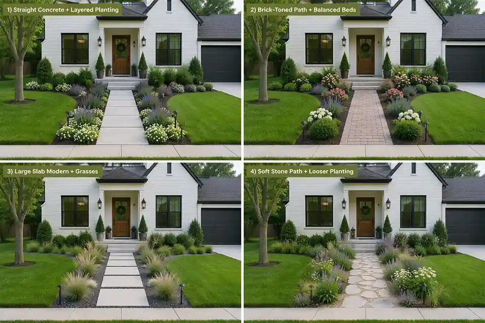 Four complete front yard design combinations with walkways leading to the same front door