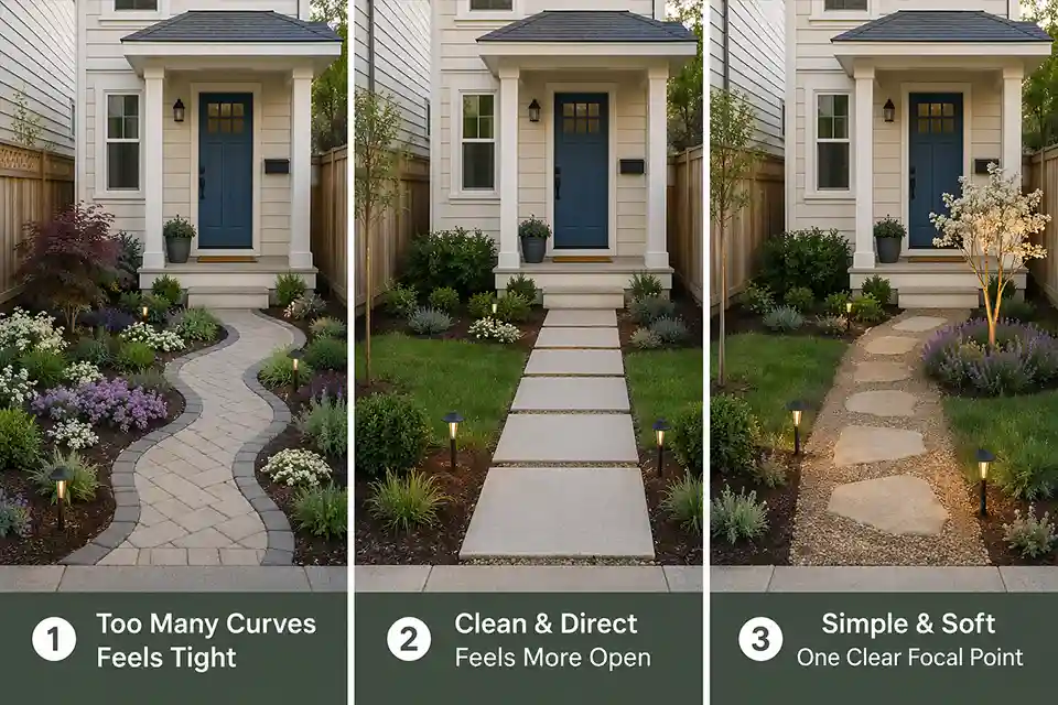 Three small front yard walkway ideas comparing a cluttered layout with clearer front-door entry solutions