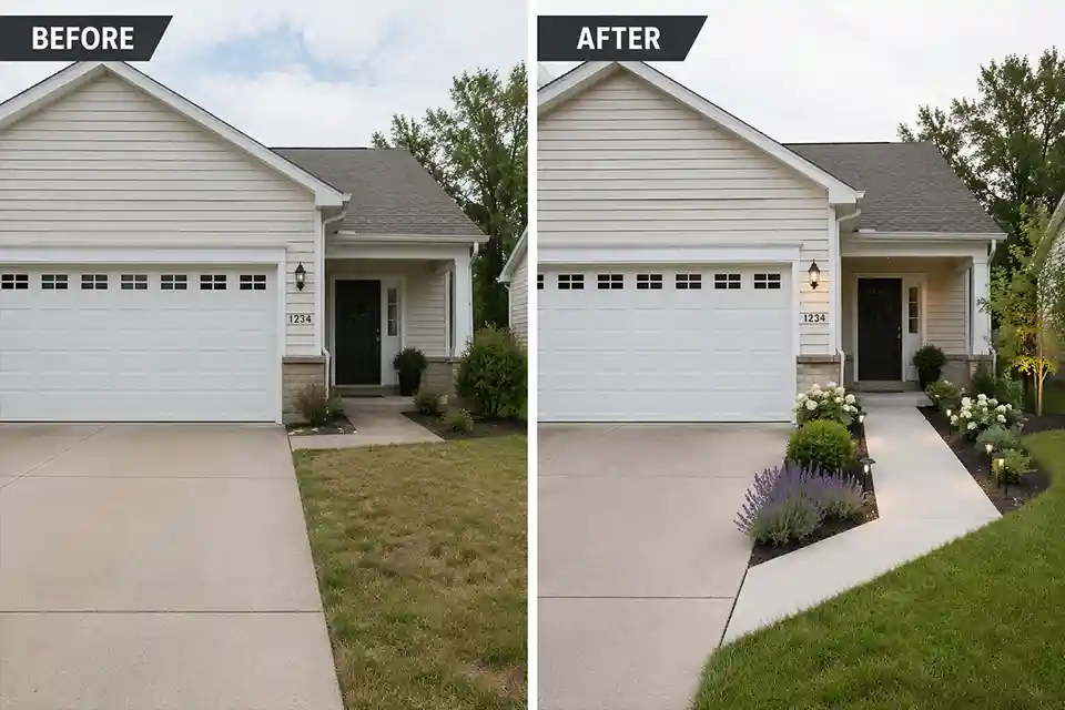 Comparison of a garage-dominant front yard versus a clearer front-door walkway design on the same house