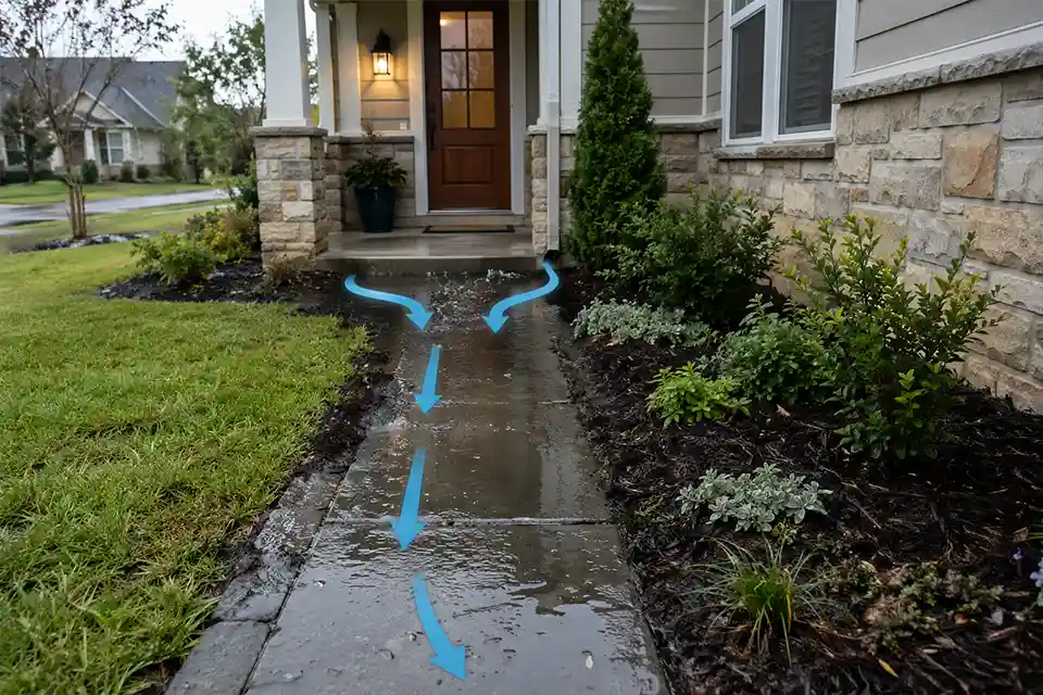 Front yard walkway to the front door with overlay arrows showing runoff crossing the path and pooling near the porch entry