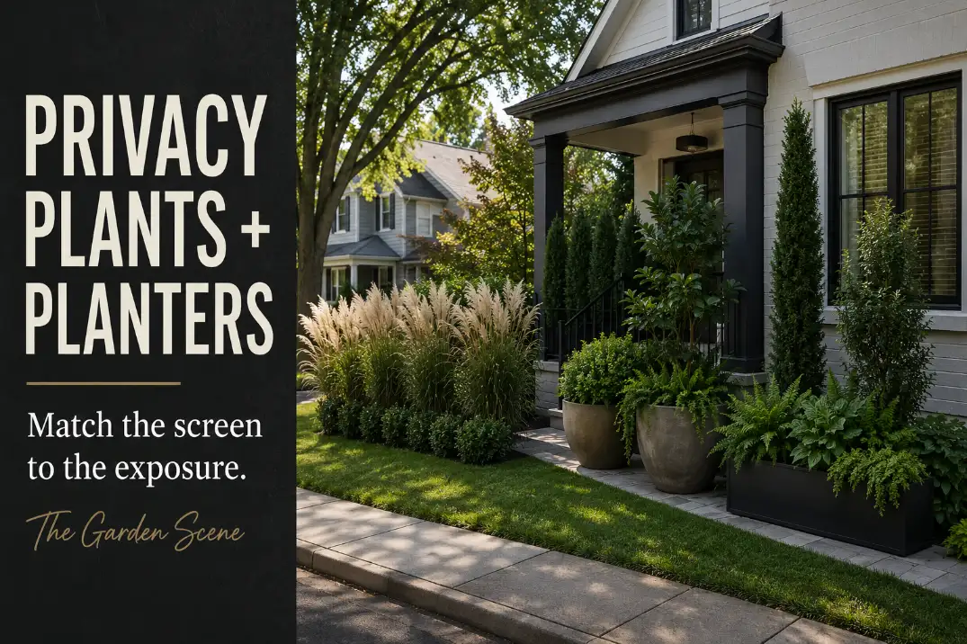 Front yard privacy plants and planters shown in sun, shade, wind, and narrow window exposure zones.