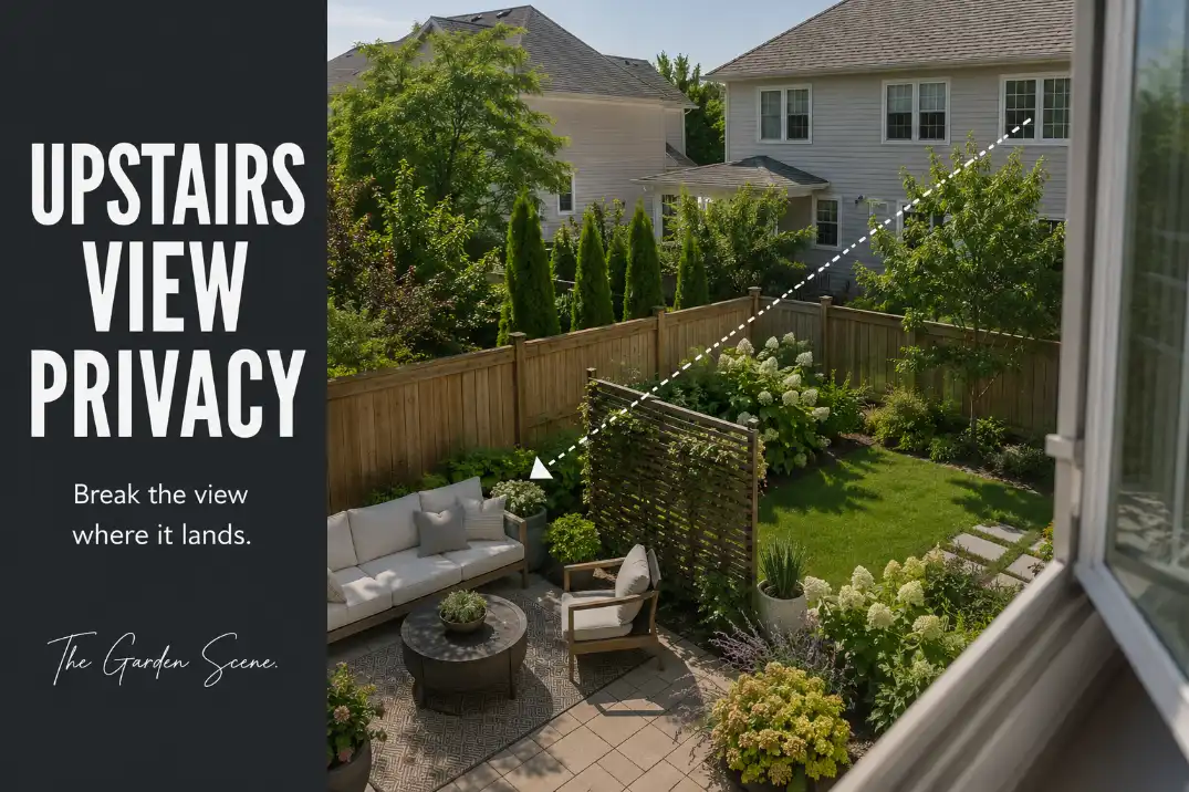 Backyard privacy setup showing an upstairs sightline interrupted near the patio with layered planting.
