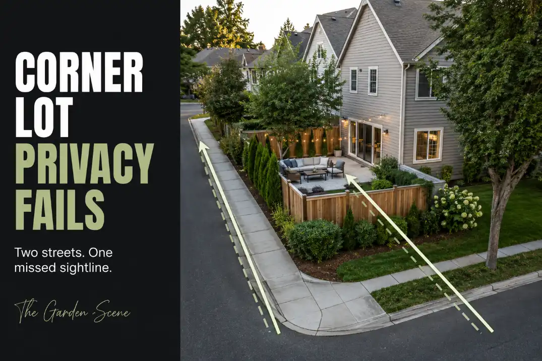 Corner-lot backyard privacy mistake with side-street and diagonal views reaching a patio seating area.