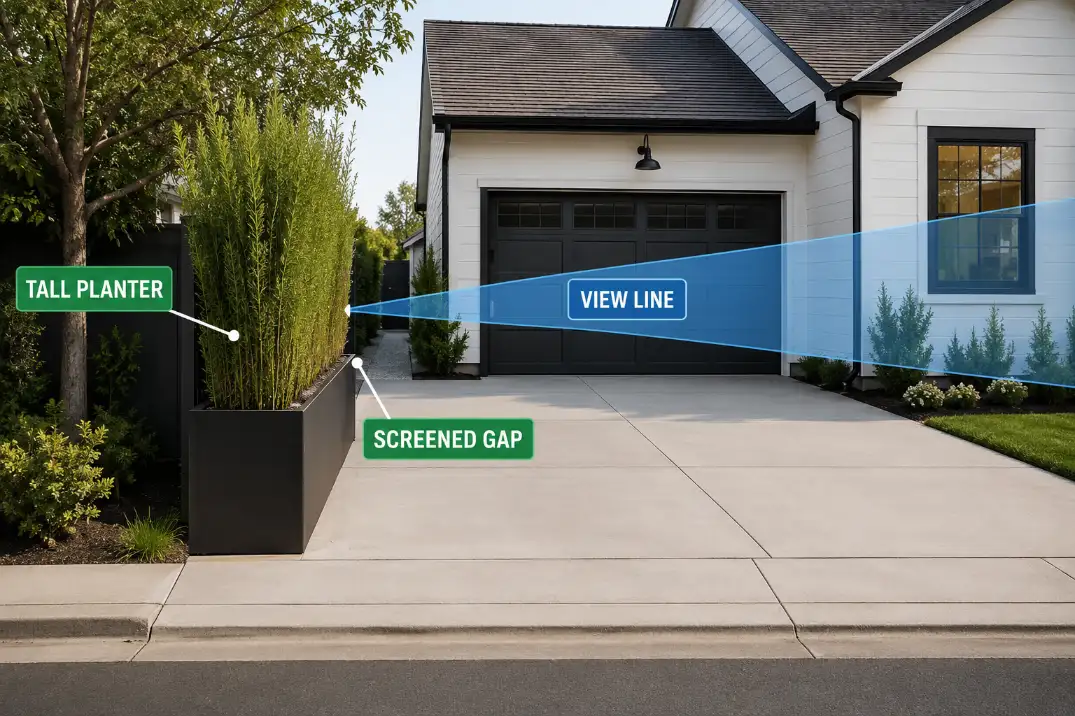 Driveway sightline diagram showing a tall planter interrupting the view from the street toward a garage and side window.