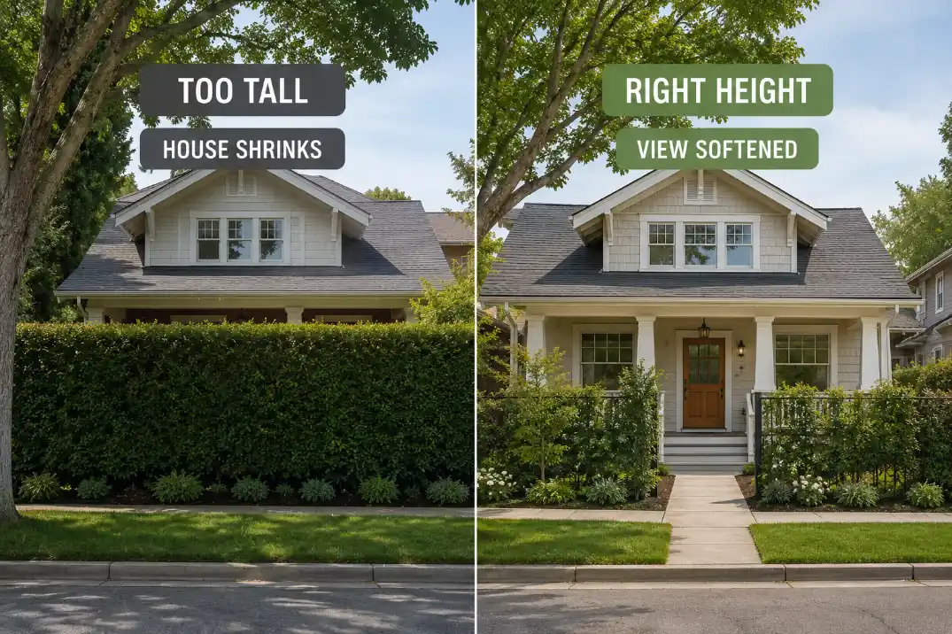 Tall privacy hedge hiding the lower facade compared with a better mid-height screen that keeps the house visible.