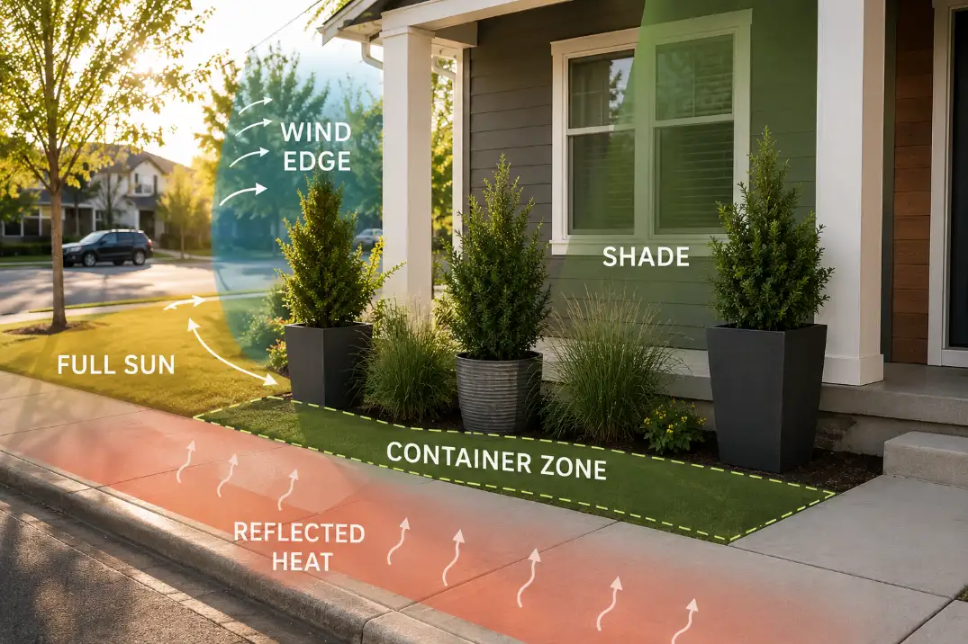 Front yard diagram showing sun, shade, wind, reflected heat, and container zones for privacy planter selection.