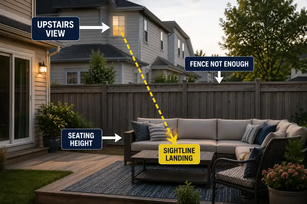 Elevated sightline from an upstairs window landing on a backyard seating area beyond a normal fence.