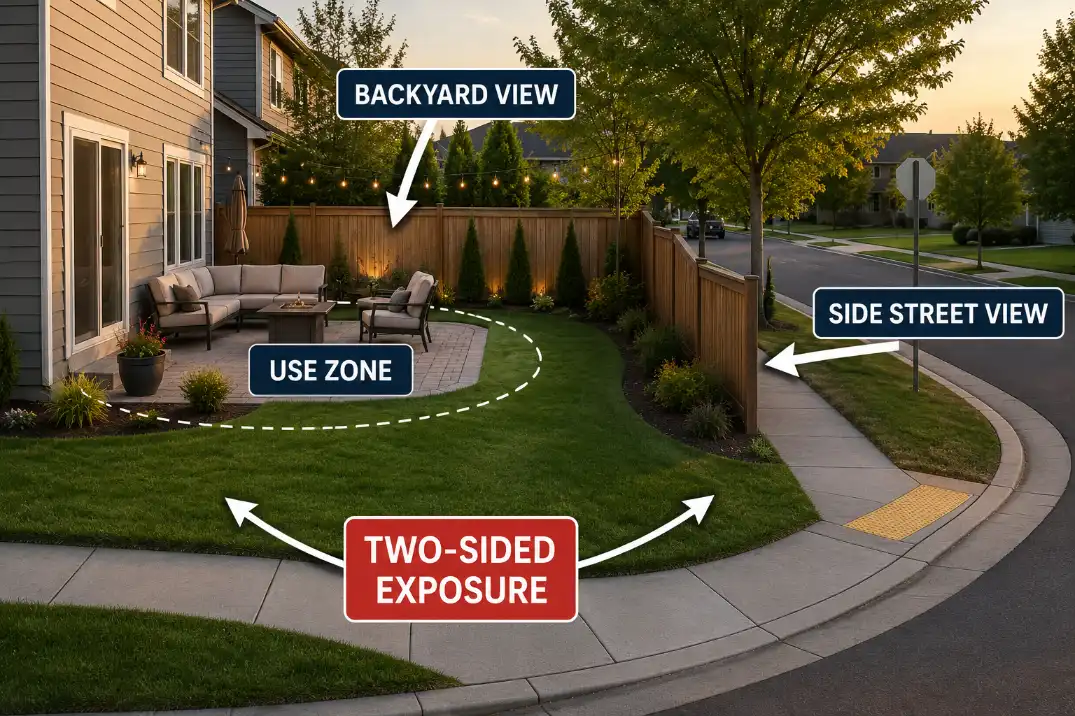 Corner-lot backyard diagram showing two-sided exposure from the rear and side street toward the use zone.