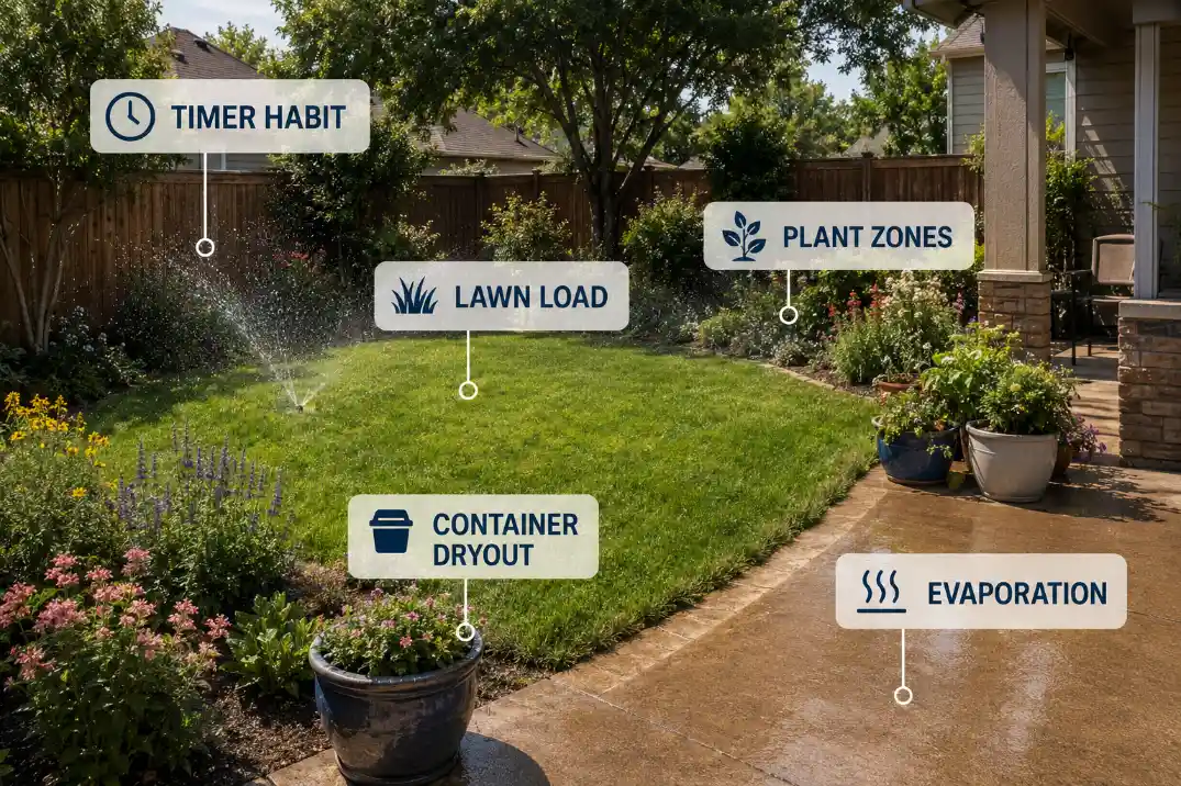 Backyard water-use source map showing timer habit, lawn load, plant zones, containers, and evaporation.