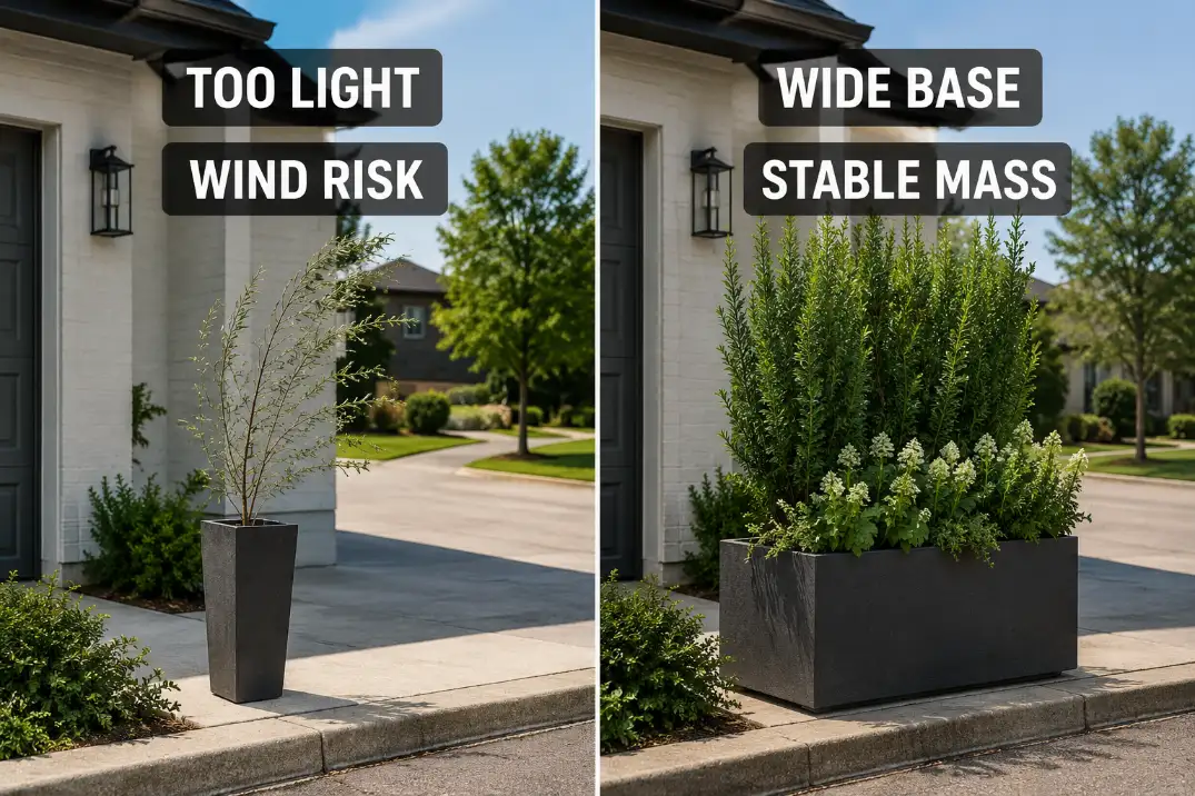 Comparison of a narrow lightweight driveway planter and a wider heavy planter showing why base width affects stability.