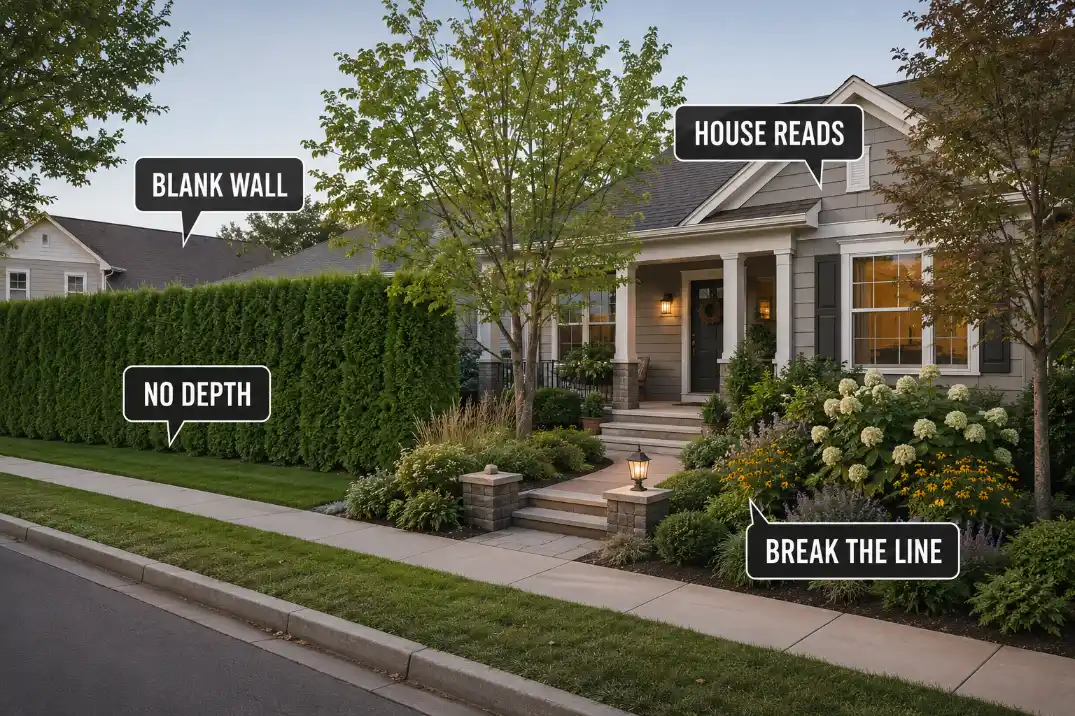 Continuous evergreen privacy line creating a blank wall effect beside a better broken layered front yard screen.
