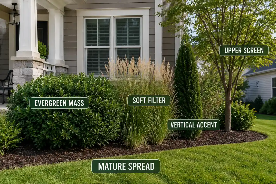 Comparison of evergreen mass, soft grasses, vertical accents, and upper screening plants for front yard privacy.