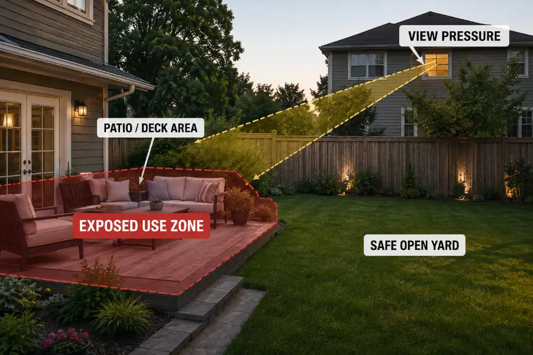 Backyard diagram marking the patio use zone that needs privacy while the rest of the yard remains open.