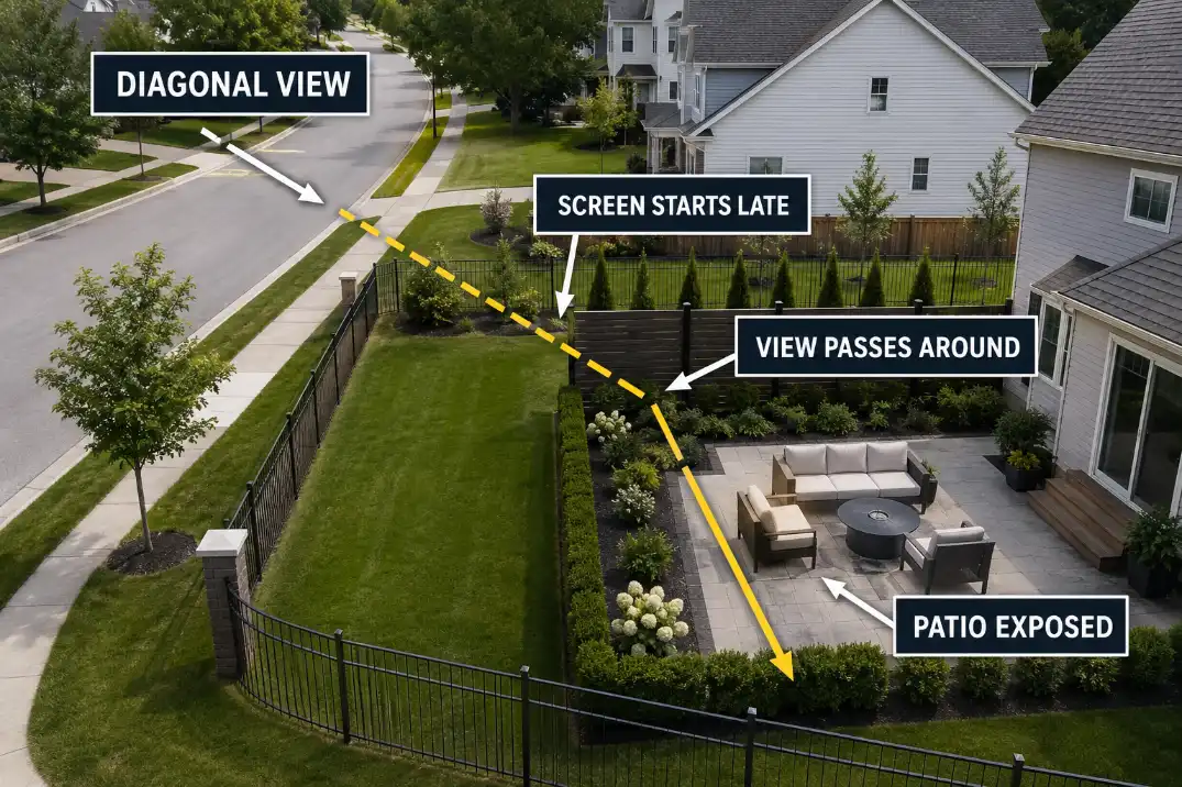Diagonal corner-lot view bypassing a privacy screen and reaching the exposed backyard patio.