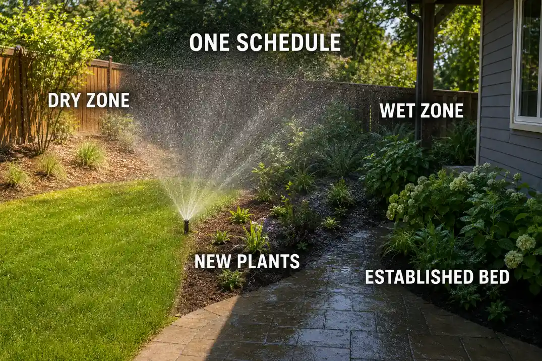 Mixed backyard planting zones showing how one watering schedule can overwater some areas and miss others.