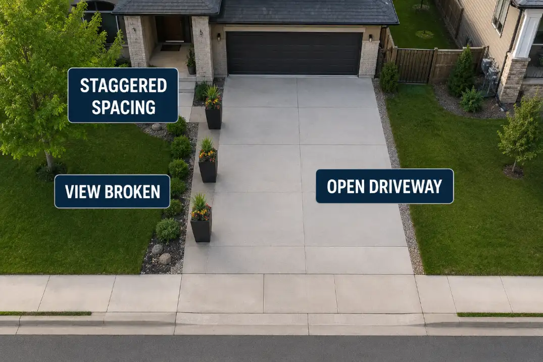 Overhead driveway layout showing staggered tall planters breaking a view line while leaving the driveway open.