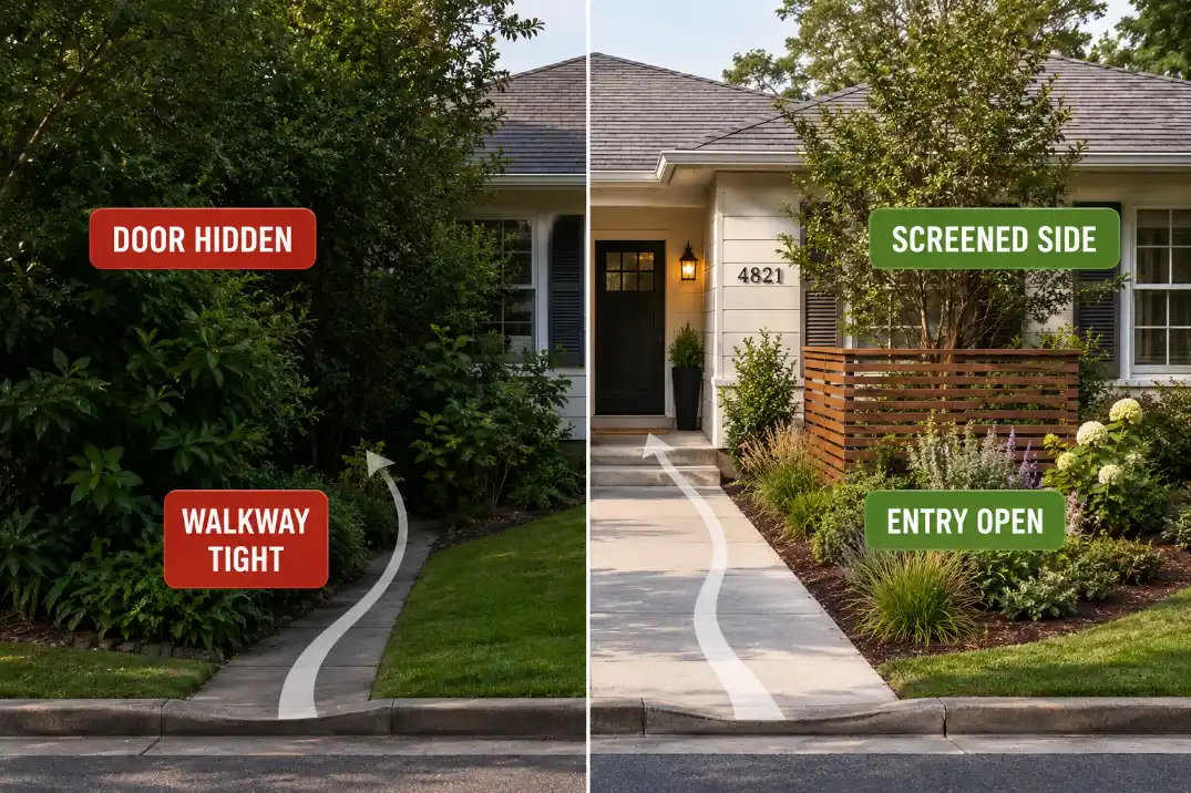 Front yard privacy planting blocking the entry route compared with offset screening that keeps the door visible.