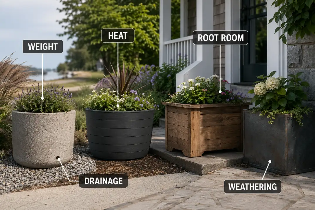 Front yard planter materials compared by heat, weight, drainage, root room, and weathering behavior.