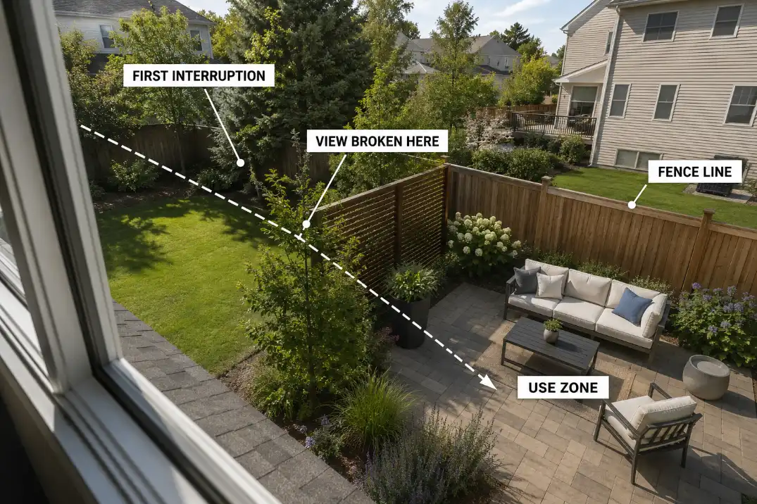 Privacy angle diagram showing the upstairs view broken near the seating area instead of at the fence line.
