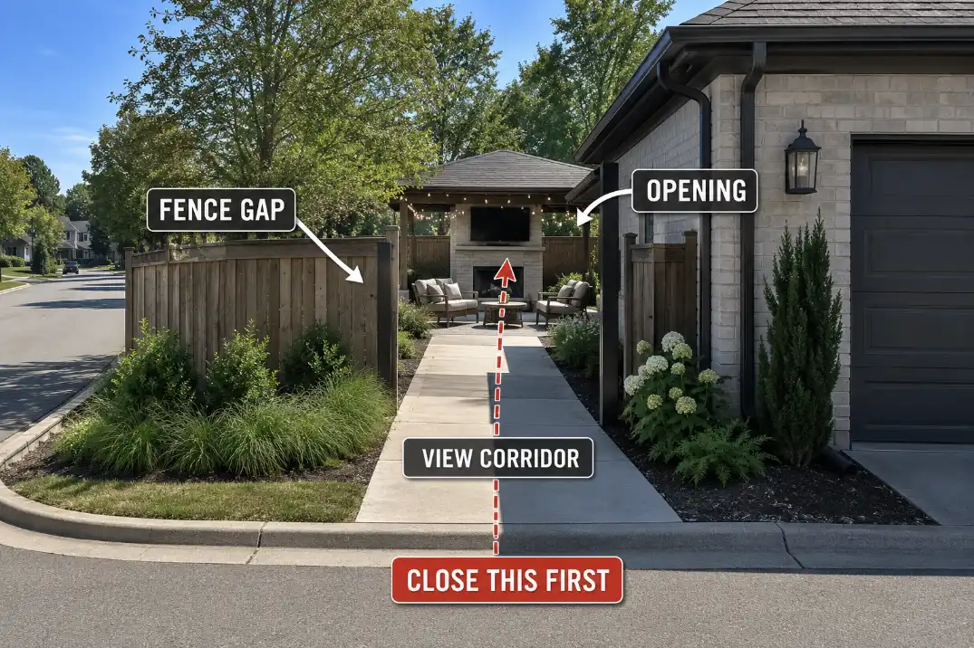 Fence and driveway gap on a corner lot acting as a view corridor into the backyard patio.