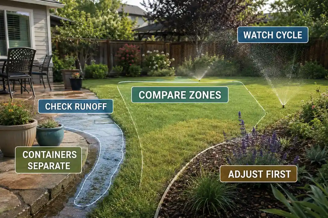 Backyard watering audit showing runoff, zone comparison, container separation, and first adjustment points.