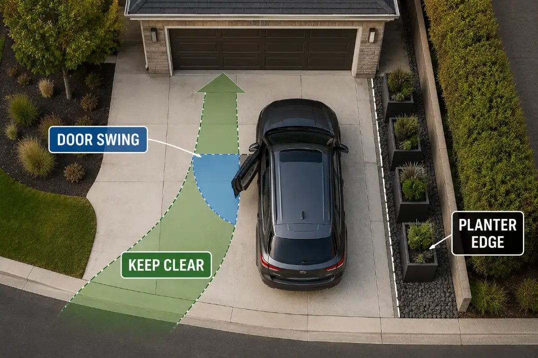 Overhead driveway layout showing tall planters placed outside the car door swing and turning clearance zone.