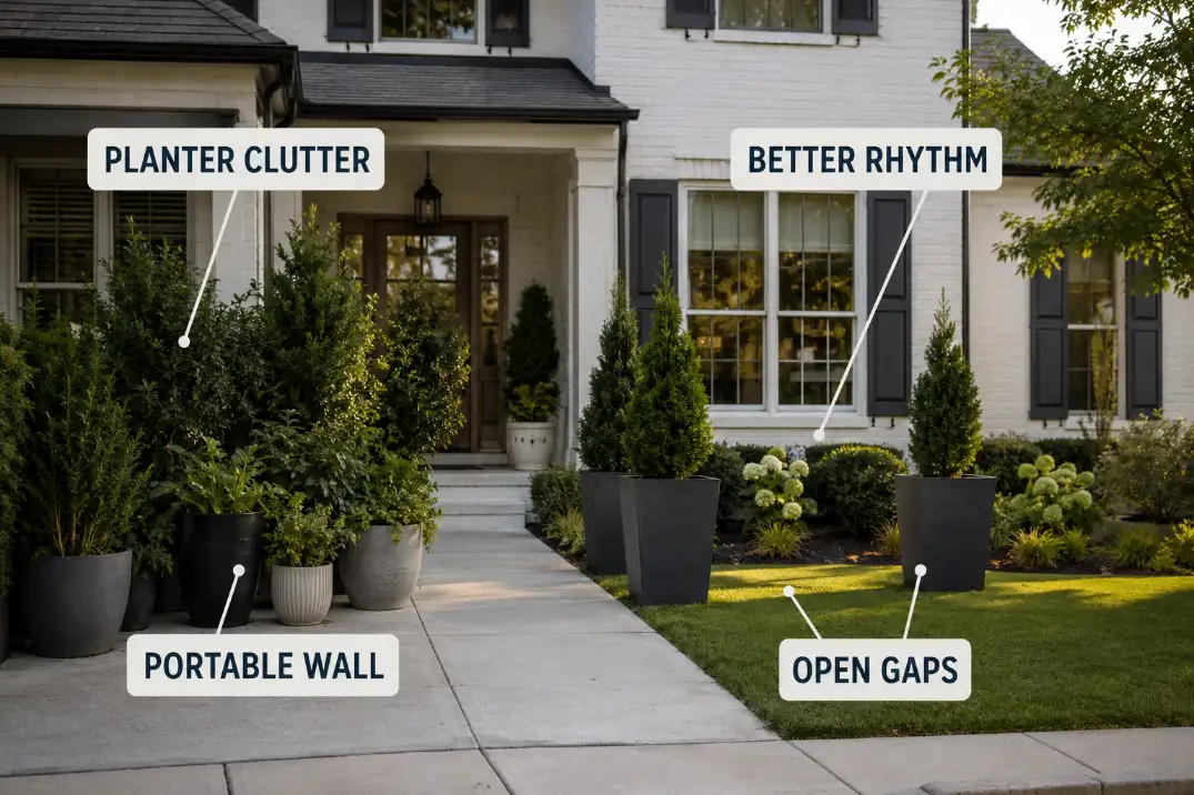 Mismatched privacy planters forming a cluttered wall beside better spaced planters with open gaps.