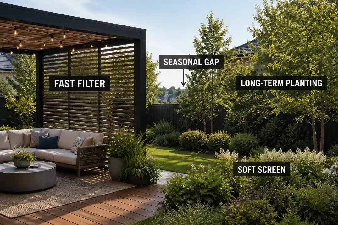 Backyard privacy setup combining a fast filter near the patio with long-term layered planting.