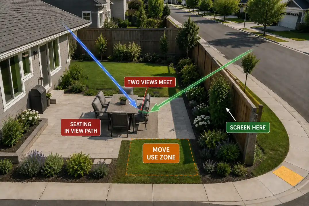 Backyard seating on a corner lot placed where two street and yard sightlines meet.