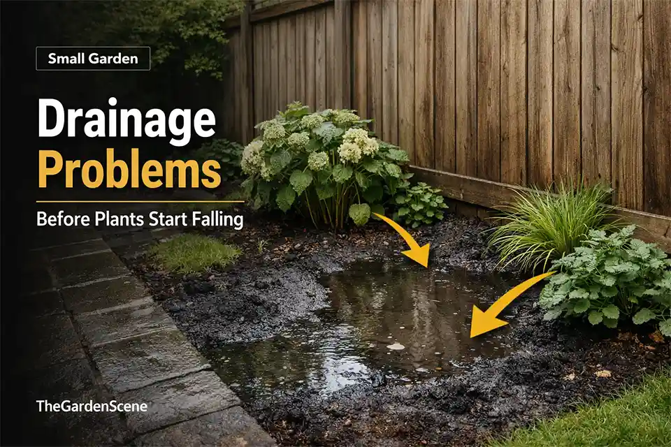 Small garden bed beside a patio with a dark soggy patch and runoff collecting in one low corner after rain