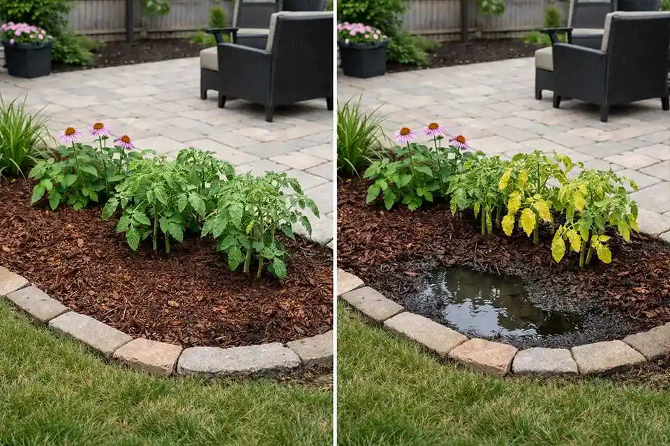 Comparison of a healthy small garden bed and a similar bed with one dark wet patch and early drainage stress