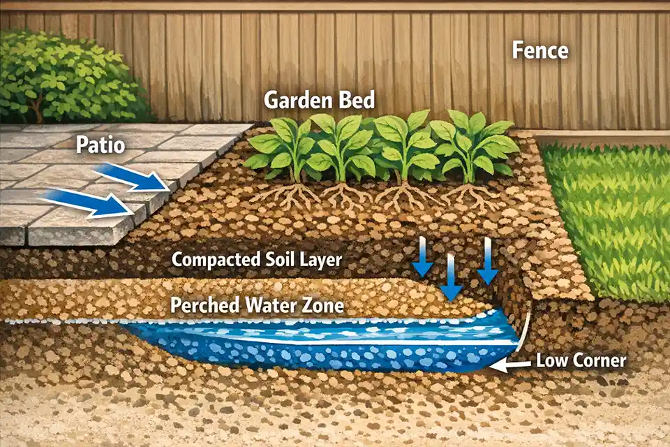 Diagram showing runoff from a patio entering a small garden bed and pooling above a compacted subsurface layer