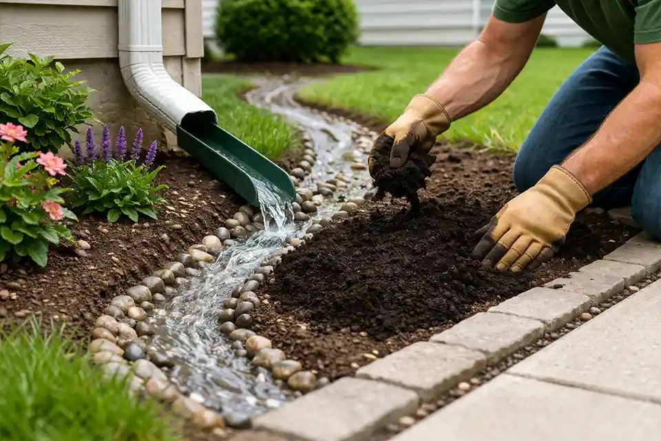 Gardener redirecting runoff away from a small garden bed before improving the soil with compost